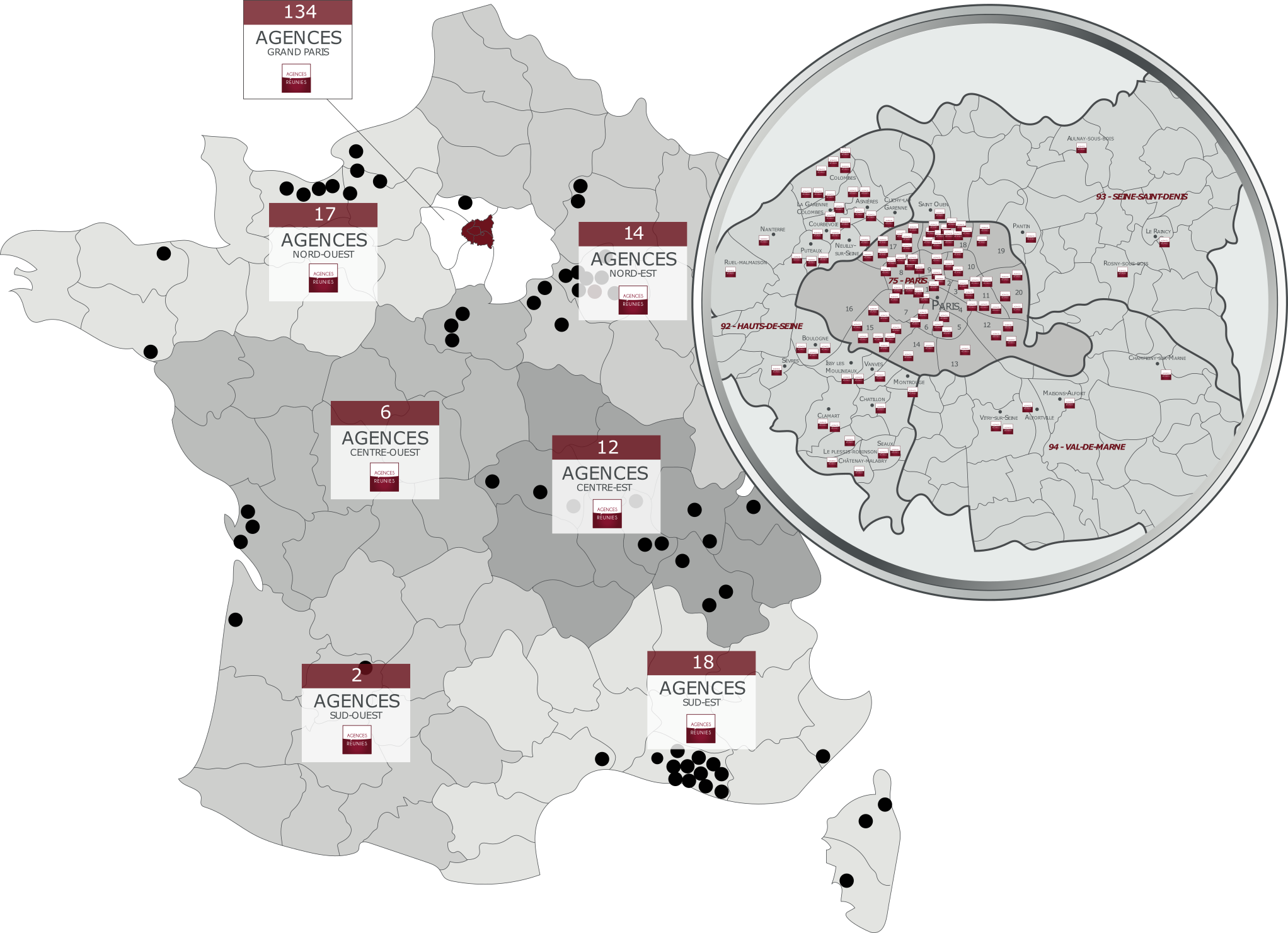 Implantation des agences réunies en France