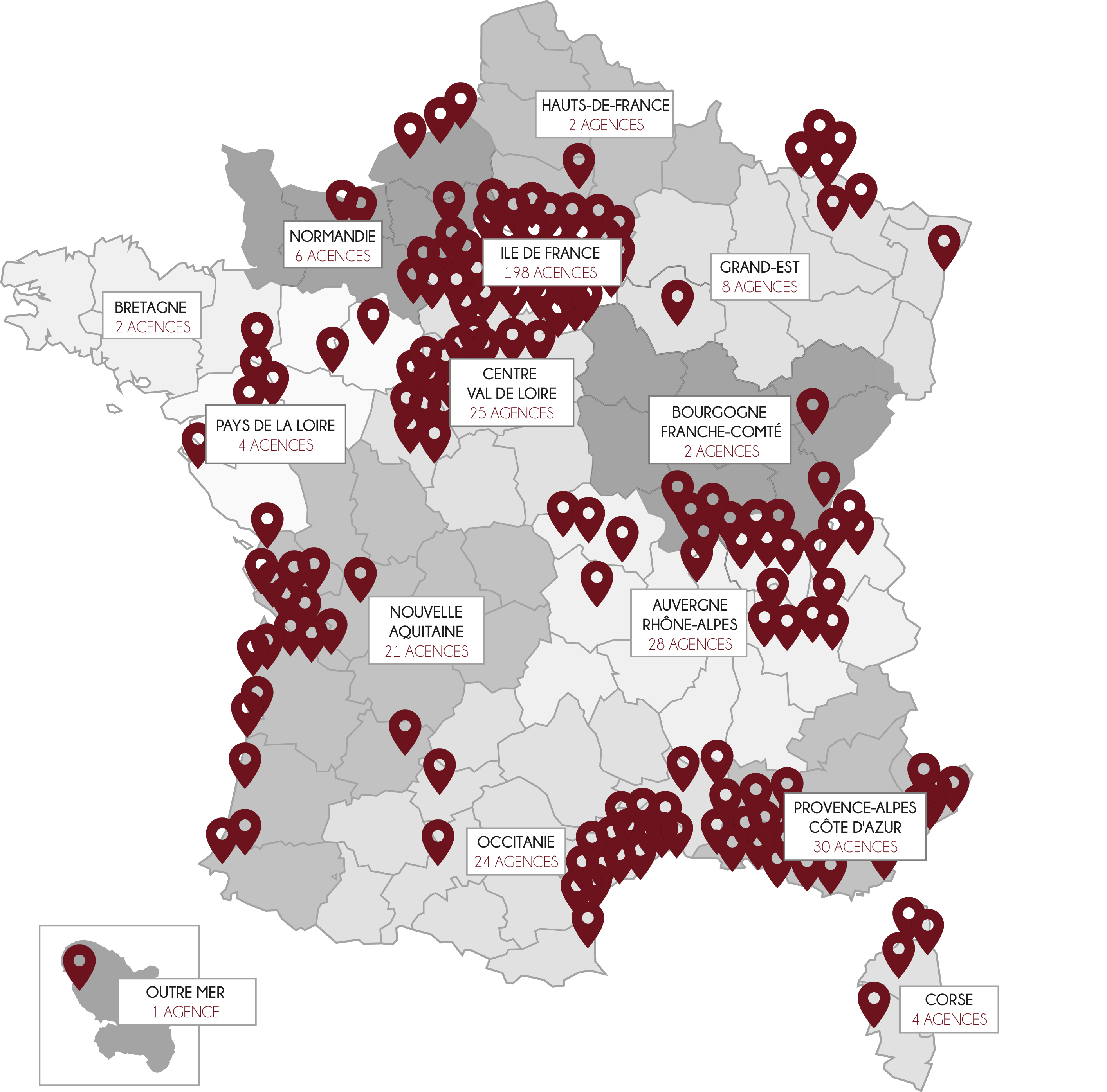 Implantation des agences réunies en France