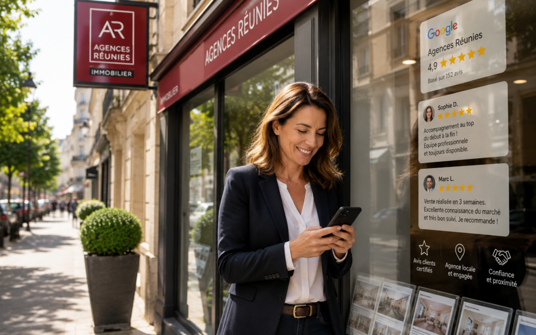 Agent immobilier consultant un avis client positif devant une agence immobilière Agences Réunies.